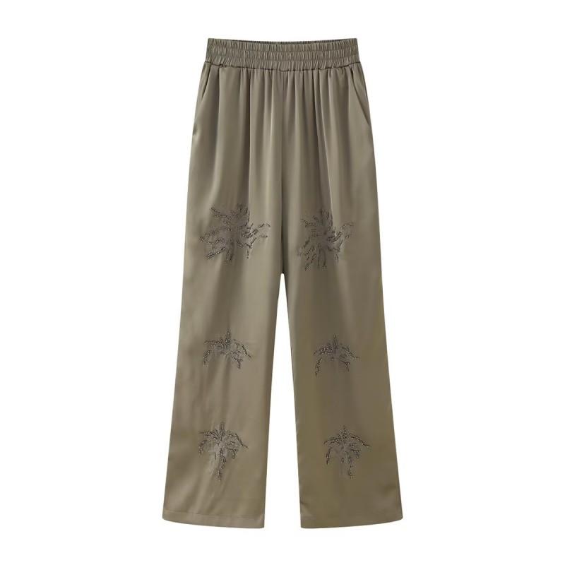 2026 Womens Wide Leg Pants Beaded Embroidered Casual Trousers
