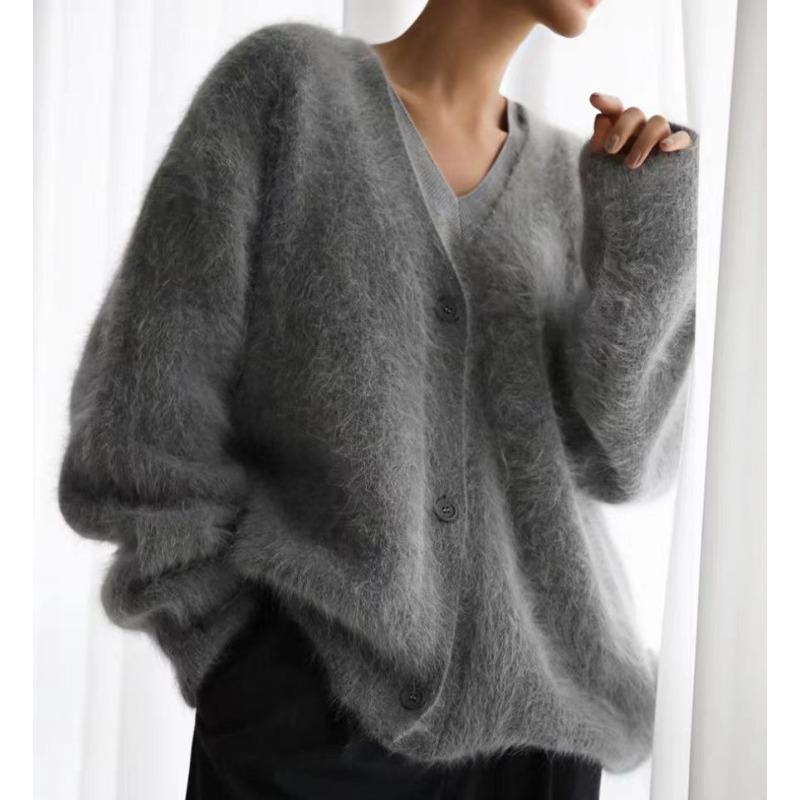 Autumn and Winter Imitation Mink Knitted Sweater Cardigan Lazy Loose Long-sleeved V-neck Sweater Jacket Women