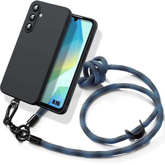 Coque pour Samsung Galaxy A16 5G/4G, Silicone Liquide Noir Anti-Rayures avec Cordon Détachable Bleu