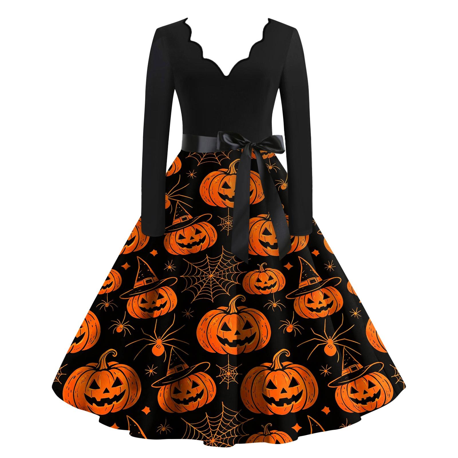 Women s Casual V Neck Long Sleeve Dress with Pumpkin Print for Halloween Costumes Party Halloween Costumes Theme Halloween Costumes Style Outfit M оранжевый