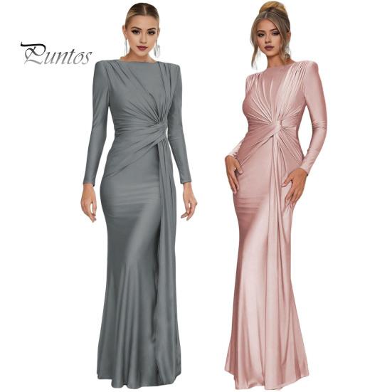 Dámské večerní šaty Skládaný uzel Dekor Slim Fit Kulatý výstřih vzadu Zip Zapínání po celé délce Svatební Party Prom Maxi šaty
