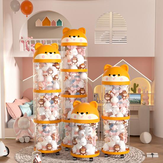Stuffed Animal Storage Tube Stuffed Doll Organizer with Wheels Transparent Plush Toy Bucket with Lid for Nursery Bedroom Playroom