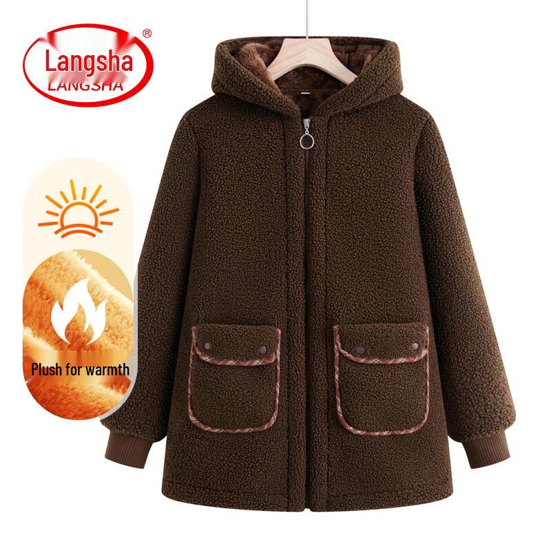 LangSha Women s Fleece-Lined Hooded Mid-Length Cotton Jacket 2XL