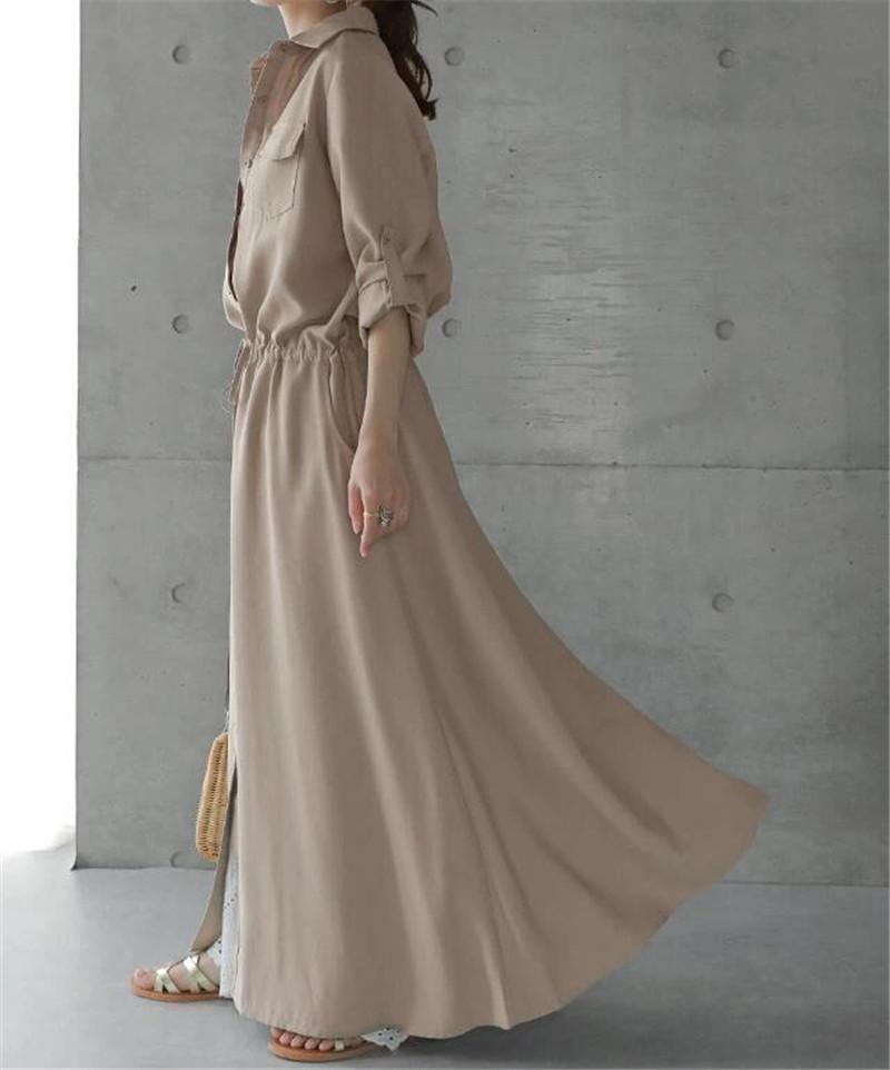 Women's Spring/Autumn Turn-Down Collar Maxi Shirt Dress - Long Sleeve, Solid Color, Casual