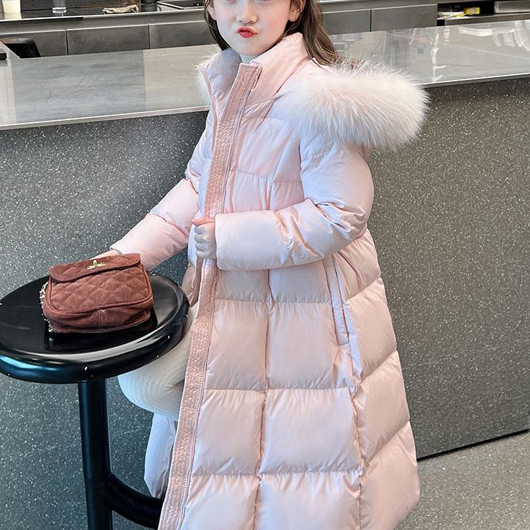 Girls Autumn and Winter Padded Long Solid Colour Jacket with Hood Thickened Loose Warm Outerwear