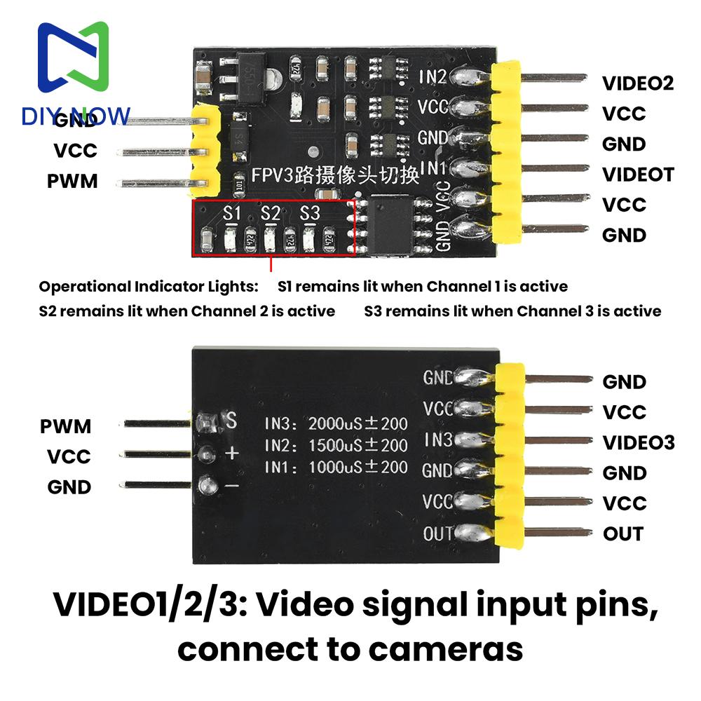 DC 5-12V 3-Channel Video Switcher Module FPV 3-way Camera Switch  PWM Control Suitable for RC Aircraft and FPV Drones Monitoring