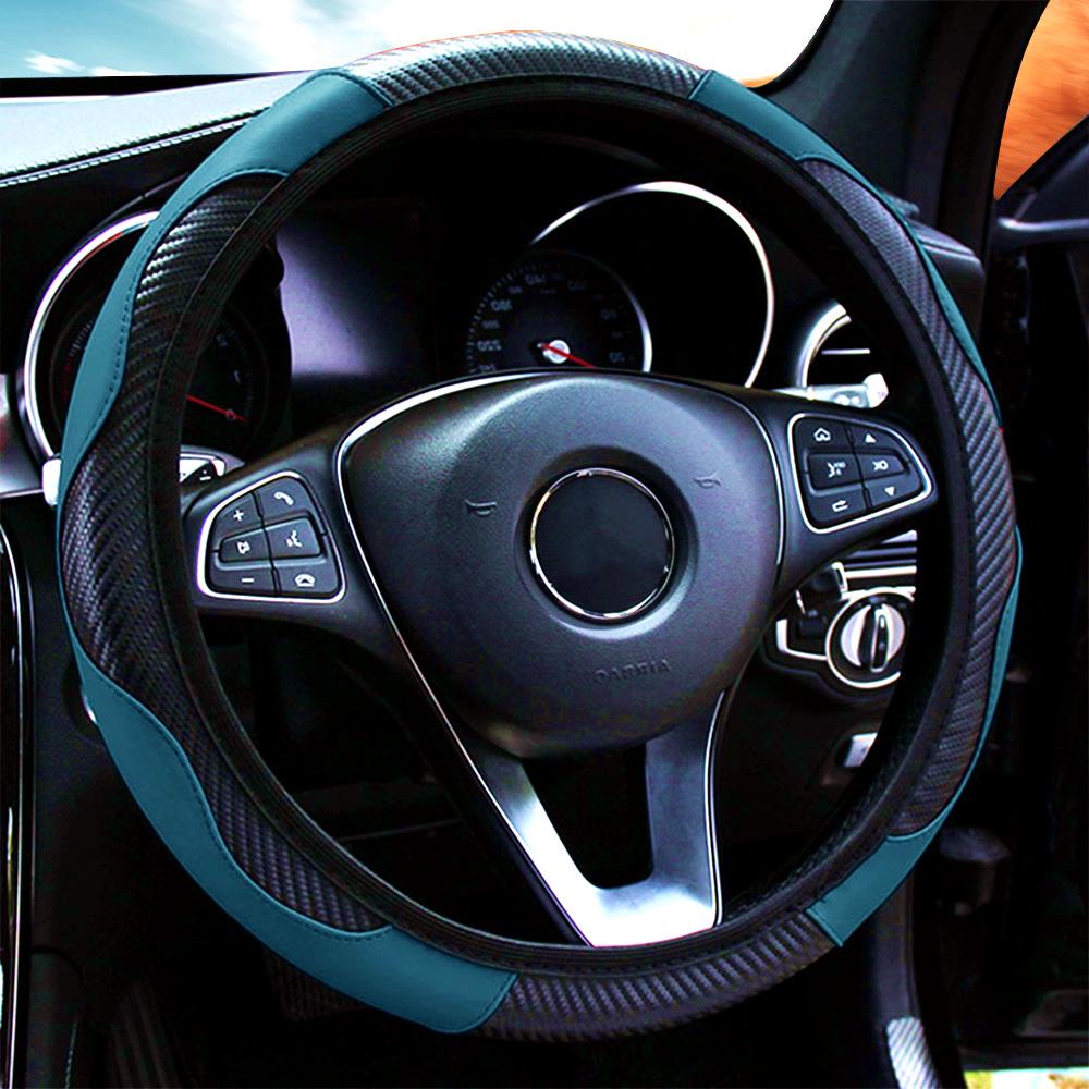 Comfortable Wear-Resistant Carbon Fiber Leather Steering Wheel Cover for 14.5-15 Inch Universal Female Cars.