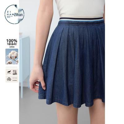 ZIHAN Women's High-Waist Pleated Denim A-line Mini Skirt