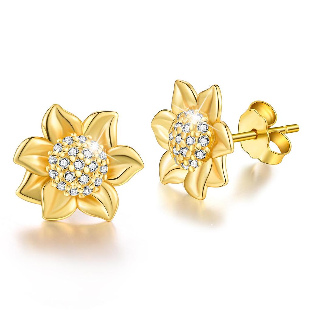 Orecchini 925 Cerchio Oro E Girasole Argento | Orecchini A Bottone Donna In Argento Sterling | Fatti A Mano