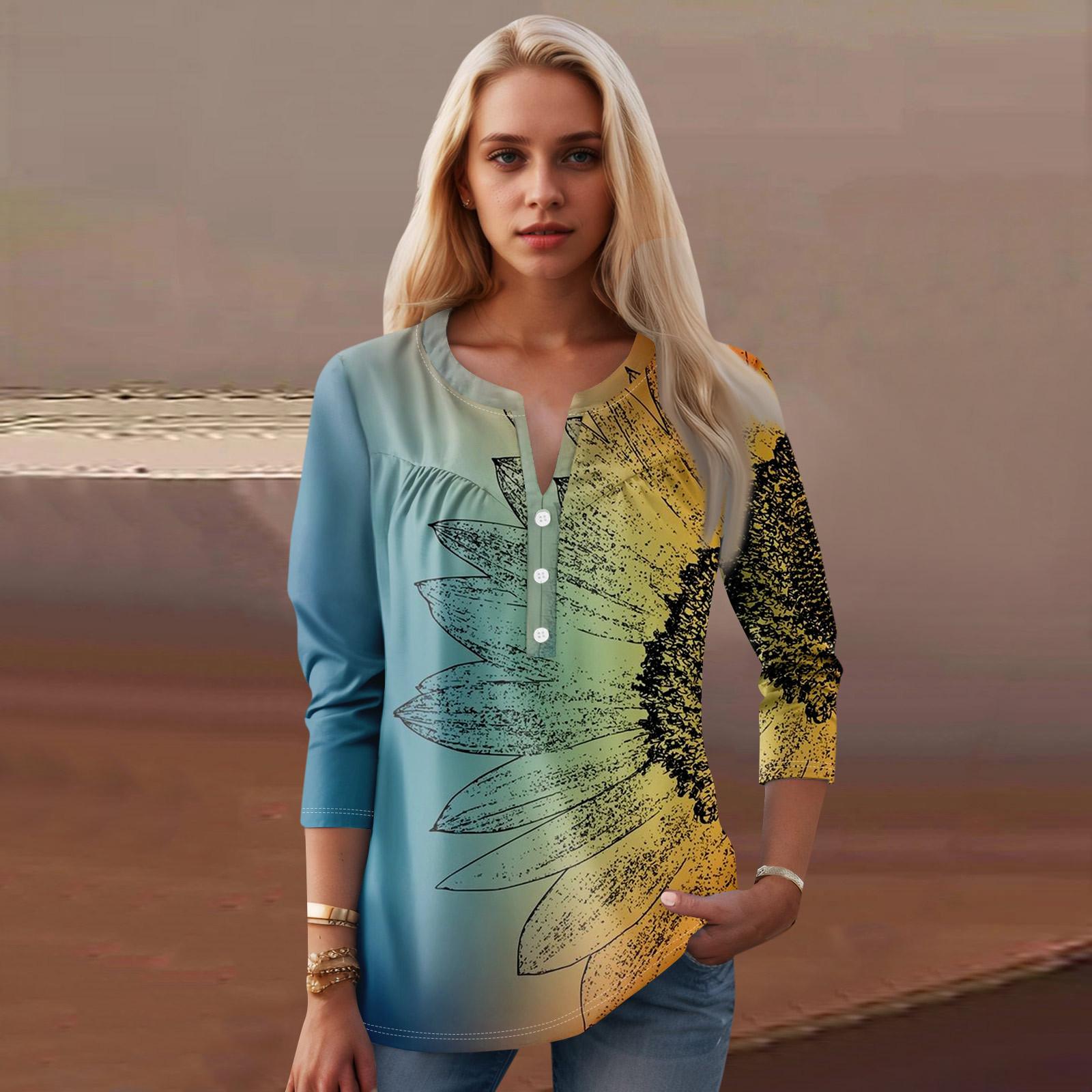 

Женская мода повседневный топ с длинным рукавом и круглым вырезом с цветочным принтом XL циан