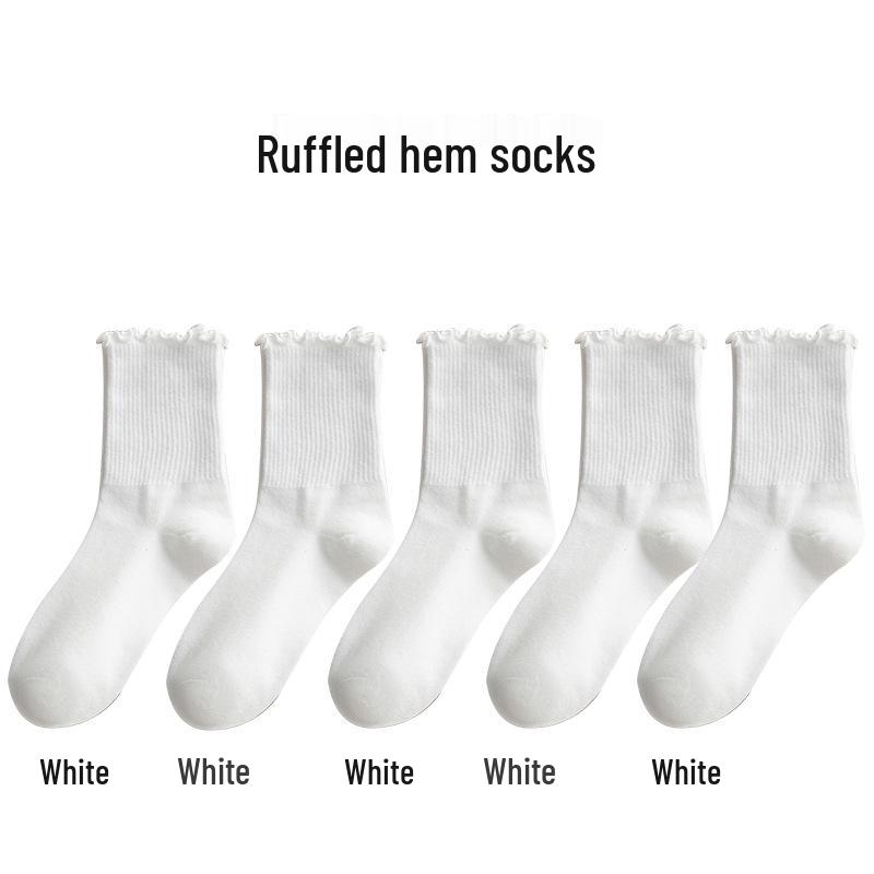 Women's Mid-Calf Ruffle Lace Socks, Coffee Color, Japanese/Korean Style, Cute Solid Color, Versatile and Girly for Spring/Fall.