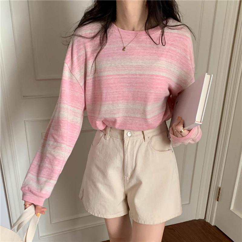 2025 Autumn Women's Striped Long Sleeve College-Style Loose Round Neck T-Shirt