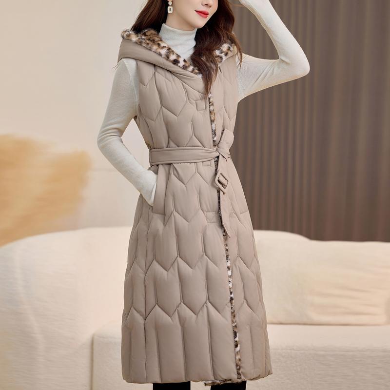 Fashion Winter Women's Long Warm Vest Hooded Thick Sleeveless Jackets Woman Coat With Belt