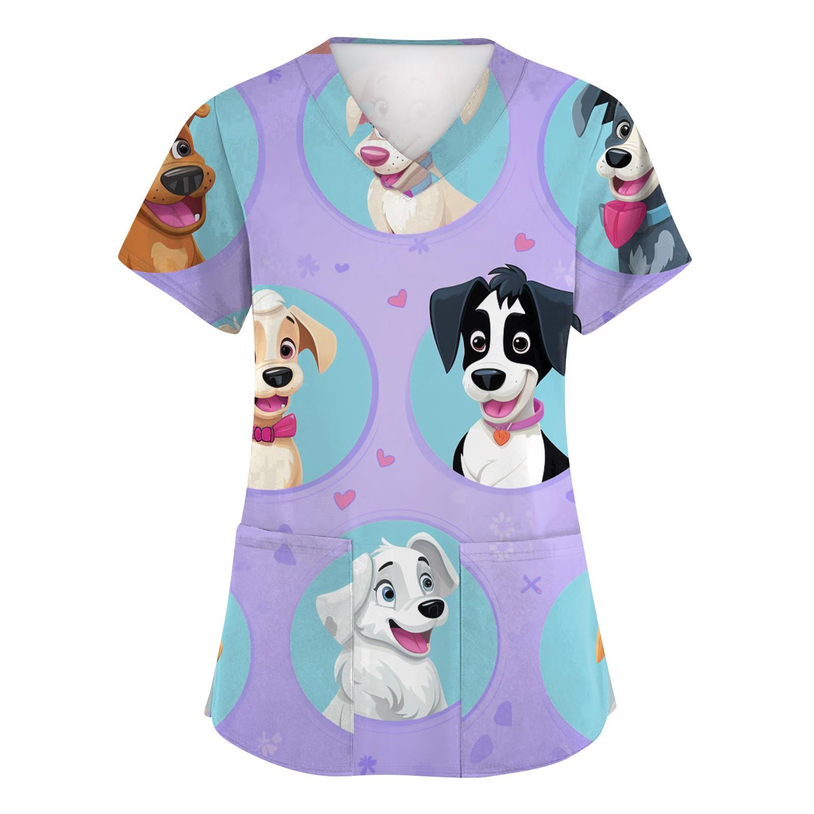 

Women s Fashion Short Sleeve Cute Animal Printed V-Neck Pocket Workwear Tops L фиолетовый