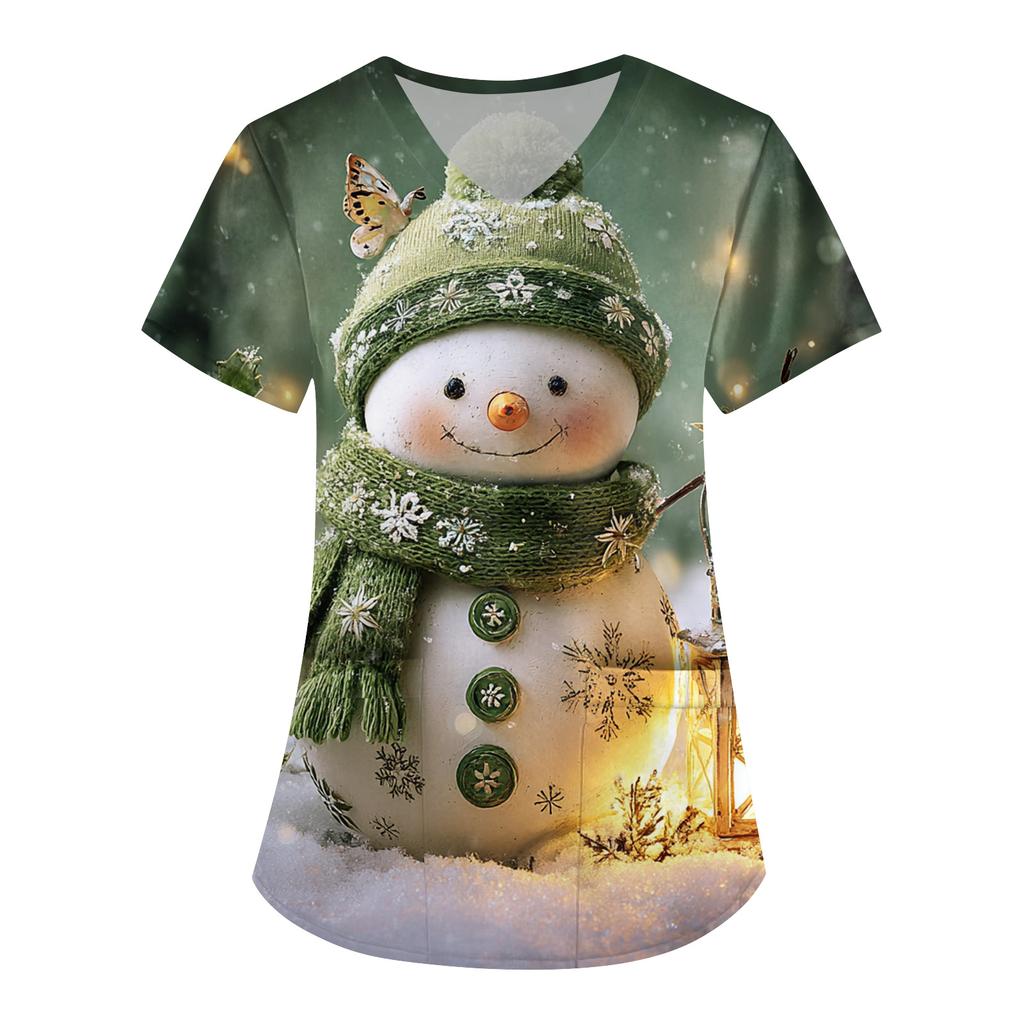 Women's Cute Printed Work Clothes V-neck Double Layer Pockets Basic Short Sleeve Top Pullover Valentines