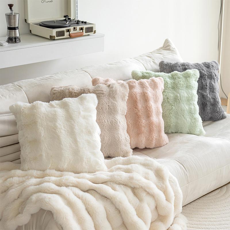 Winter Sofa Imitation Rabbit Fur Bubble Velvet Pillow Solid Color Home Bedroom Model Room Decorative Pillow Case