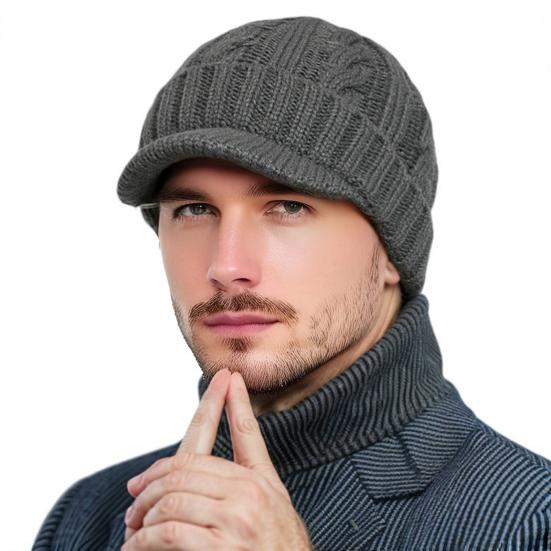 Short Brim Knitted Hat for Men Winter Warm Fleece Lined Thick Cable Knit Cuff