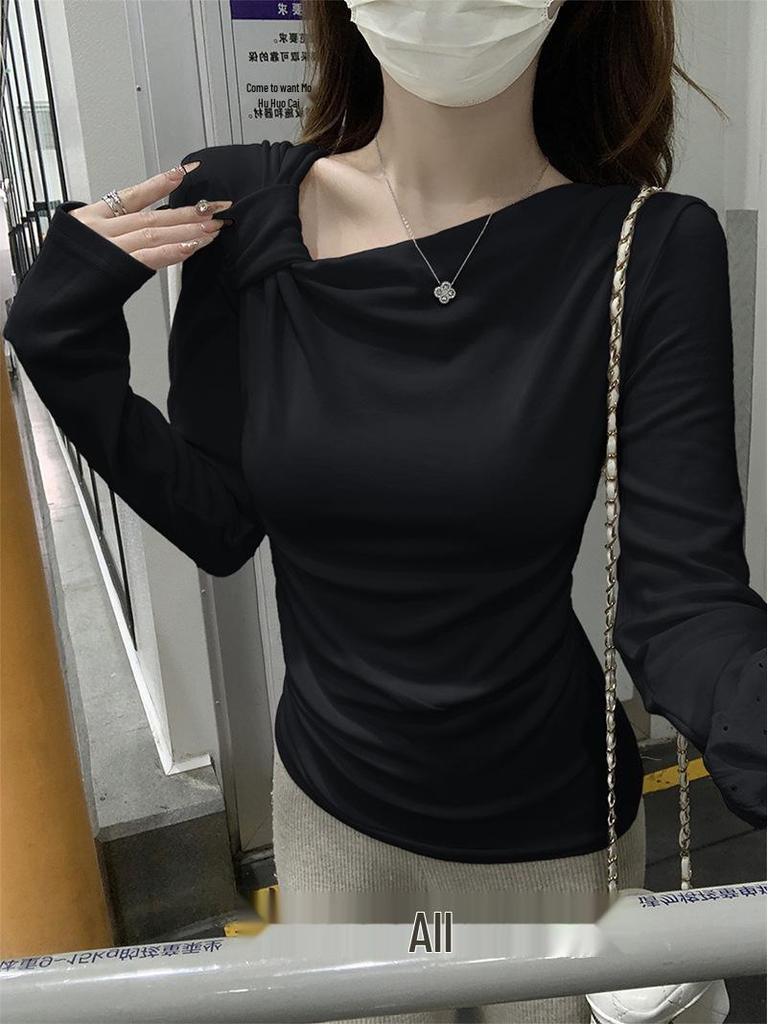 Korean Off-Shoulder Twist Long-Sleeve Slim-Fit T-Shirt for Women, Autumn/Winter Design, Base Layer Top