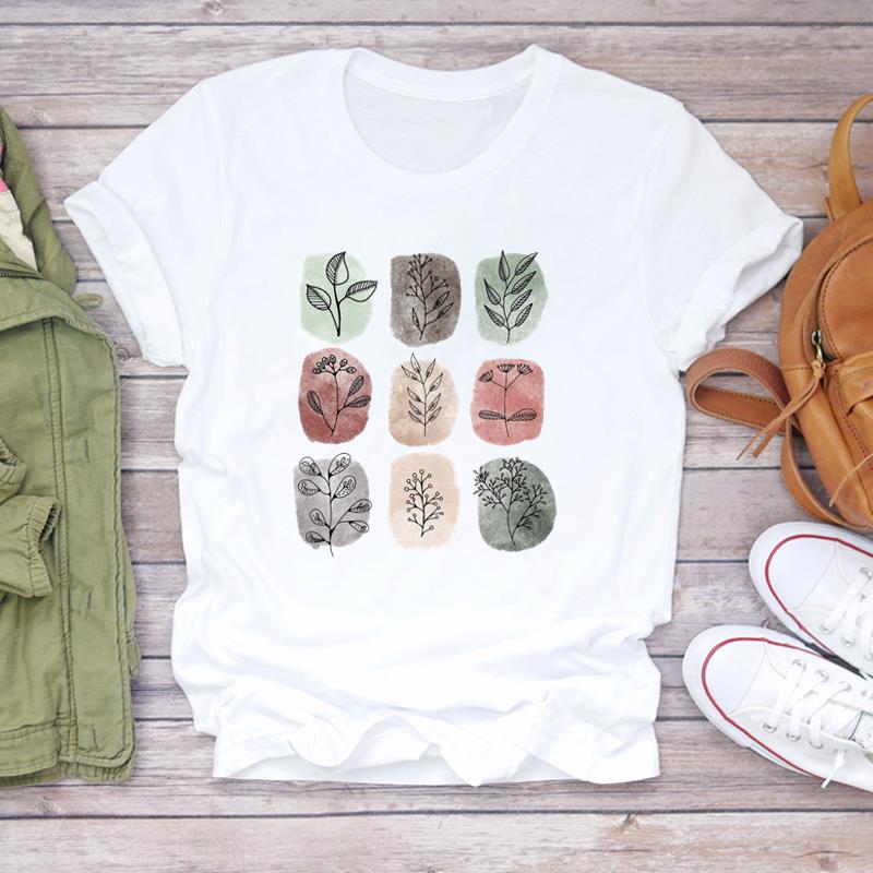(European Size)90s Women Print Lady Female Plant Sweet Watercolor Style Tee Top Fashion T Shirt Clothing Casual Short Sleeve Graphic T-shirt