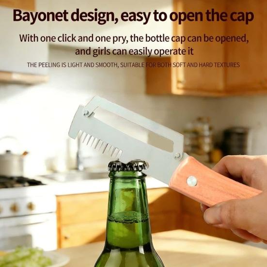 Vegetable Peeler with Wooden Handle Stainless Steel Sharp Blade Peeler 2-in-1 Bottle Opener Kitchen Peeling Utensil