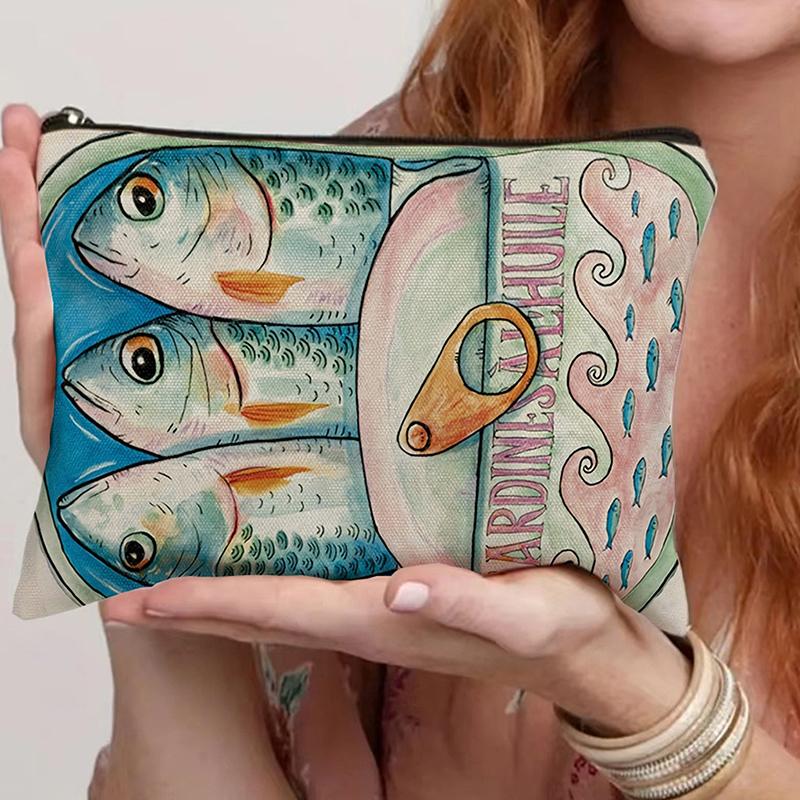 Vintage Canvas Cosmetic Bag Simple Large Capacity Makeup Bag Female Travel Clutch Toiletry Bag Retro Sardines Olive Oil Design