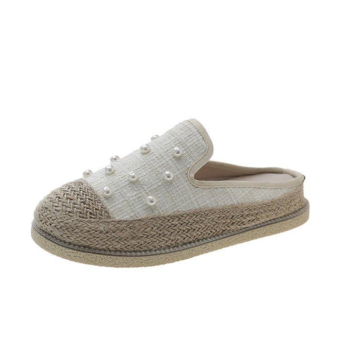 

Солом яне рибальське взуття для жінок літнього носіння без підборів 2024 нова мода стразами мереживна сітка дихаюча сумка голова половина перетягування 40 бежевий