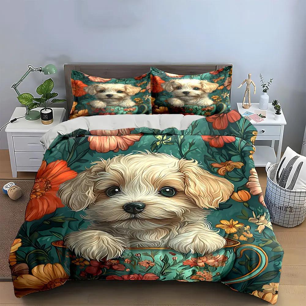 "Floral Puppy Decor Set" Soft Comfortable Duvet Cover Bedding Set Included 1*Duvet Cover & 2*Pillowcases Gift