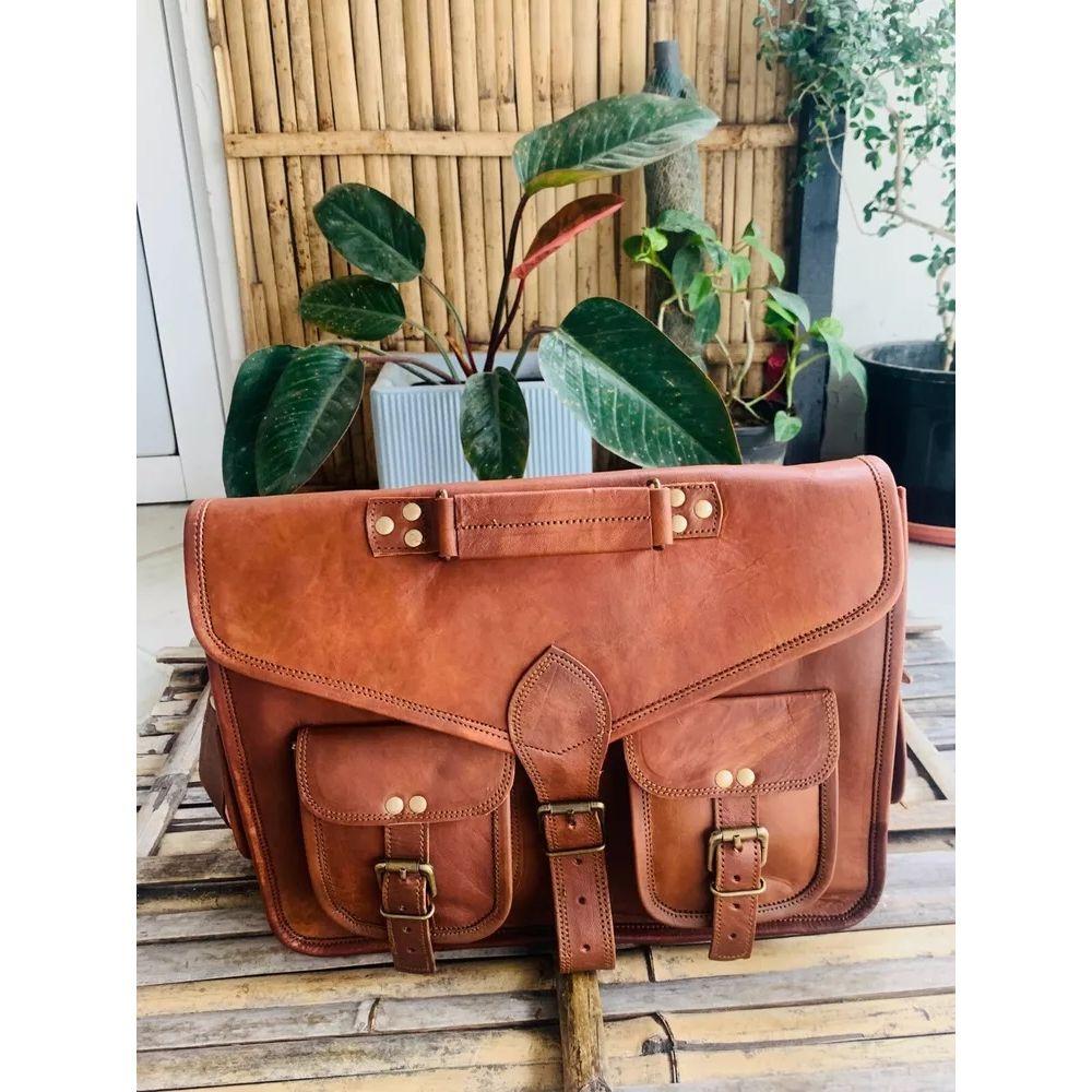 Large Real Goat Leather Vintage Brown Messenger Shoulder Bag  ( Free Sling Brown Bag Size -10 x 13 x 4 in )