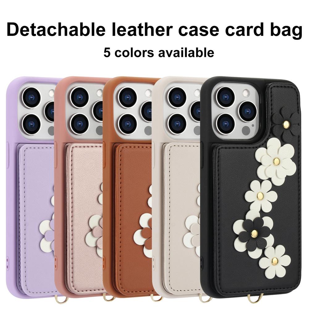 3IN1 Crossbody Rope Wrist Strap Flowers Leather Wallet Phone Case For iPhone 15 11 12 13 14 16 Pro Max X XR XS 7 8 Plus SE Cover