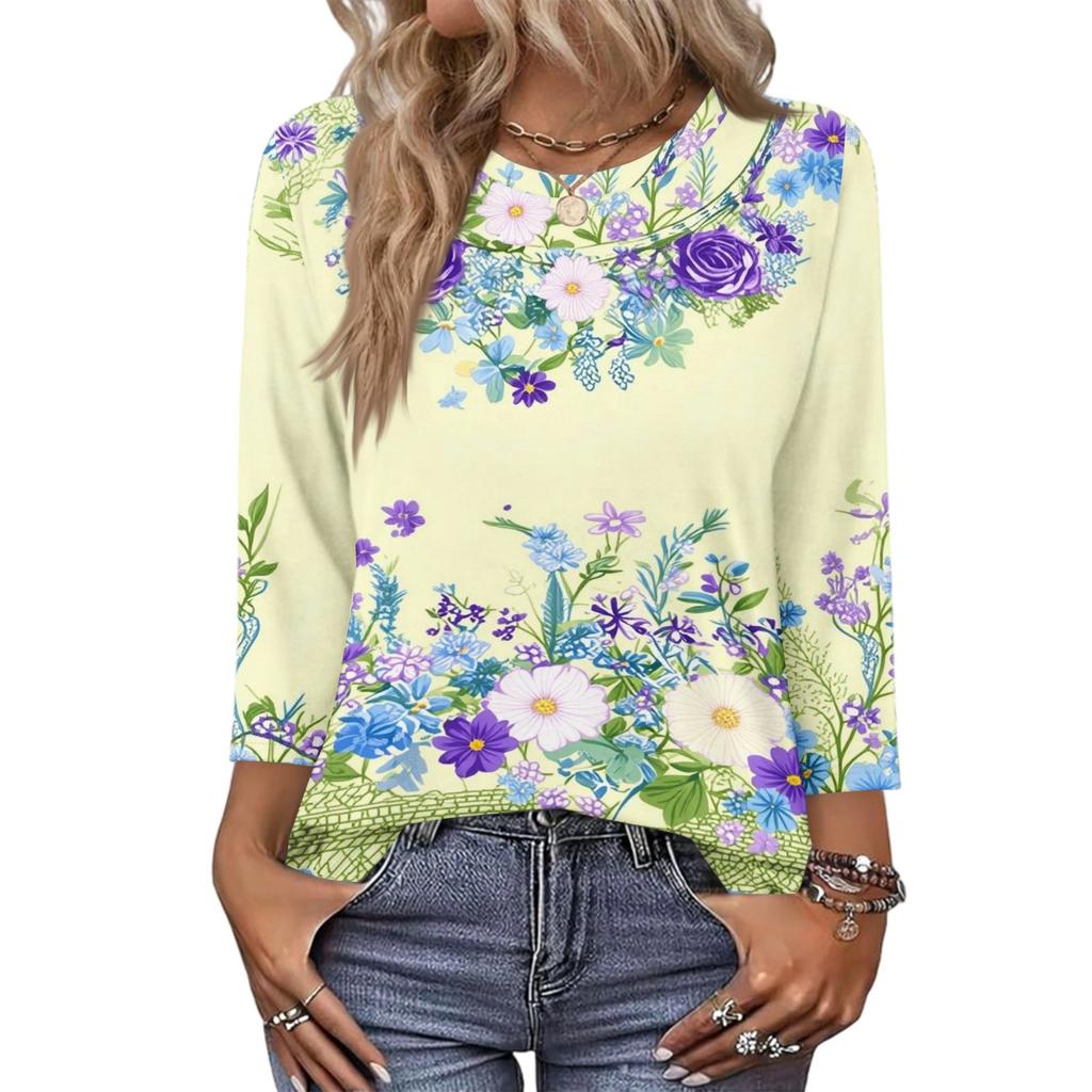 343/4 Sleeve Shirts For Women Cute Print Graphic Tees Blouses Casual Plus Size Basic Tops Pullover