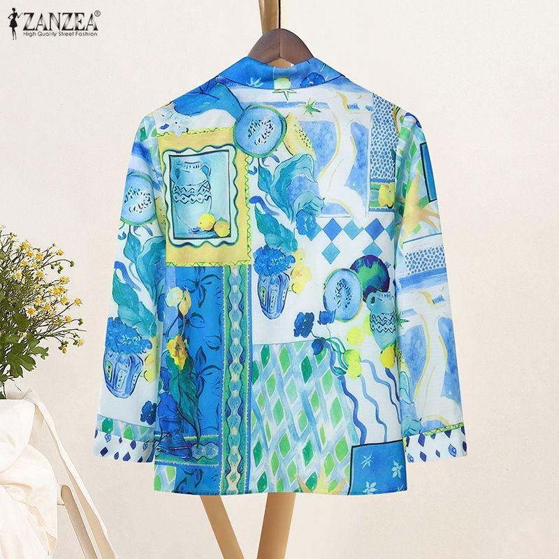 ZANZEA Camicie da Donna Casual con Collo a Revers, Manica Lunga, Bottoni Stampati, Vestibilità Larga