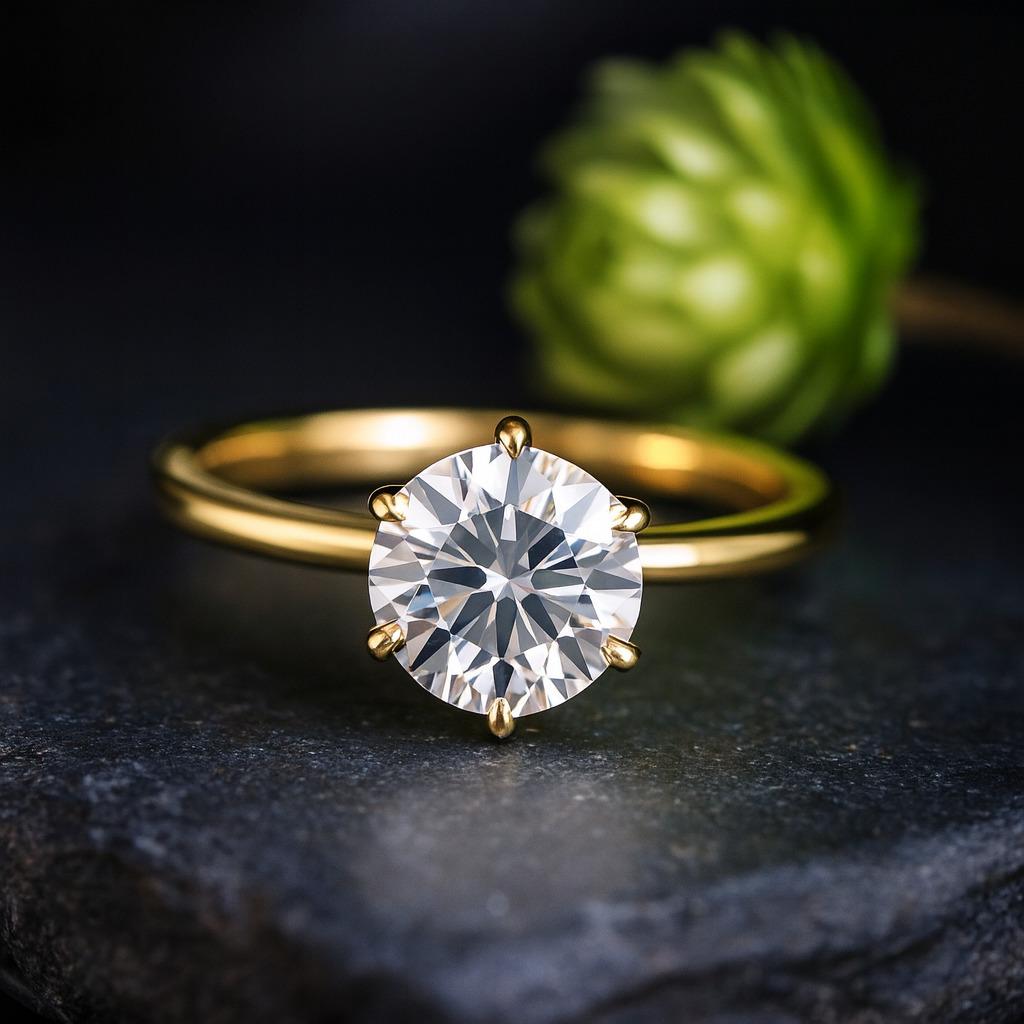 Round Cut Moissanite Engagement Ring – Yellow Gold Plated Solitaire Wedding Band, Classic Anniversary Ring, Promise Ring Jewelry Gift for Women