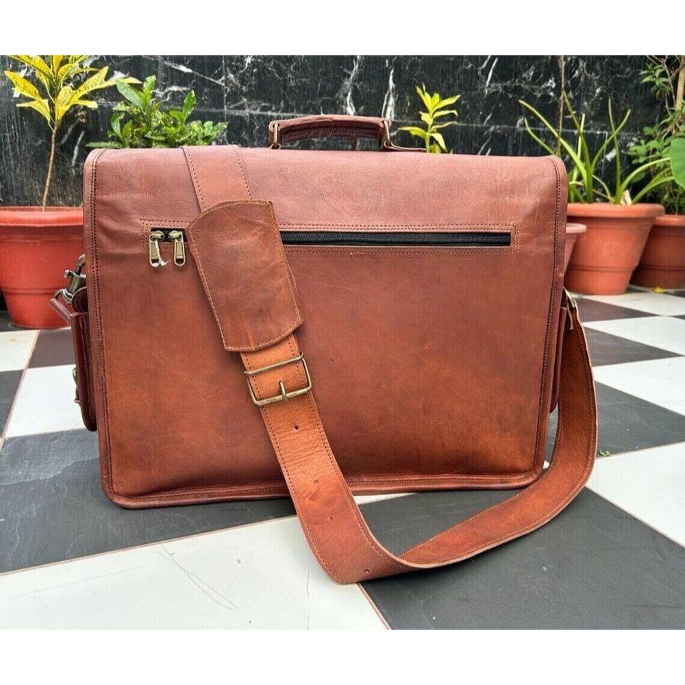 New Shoulder Handmade Men's Goat Leather Messenger Laptop Bag Genuine