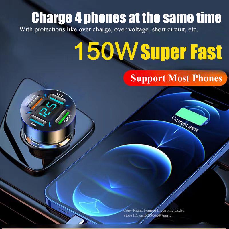 150w Portable Car Charger Fast Charging Adapter 4 Port For Iphone 14 13 Pro Max 12 11 Min Samsung Oneplus Oppo Xiaomi Huawei