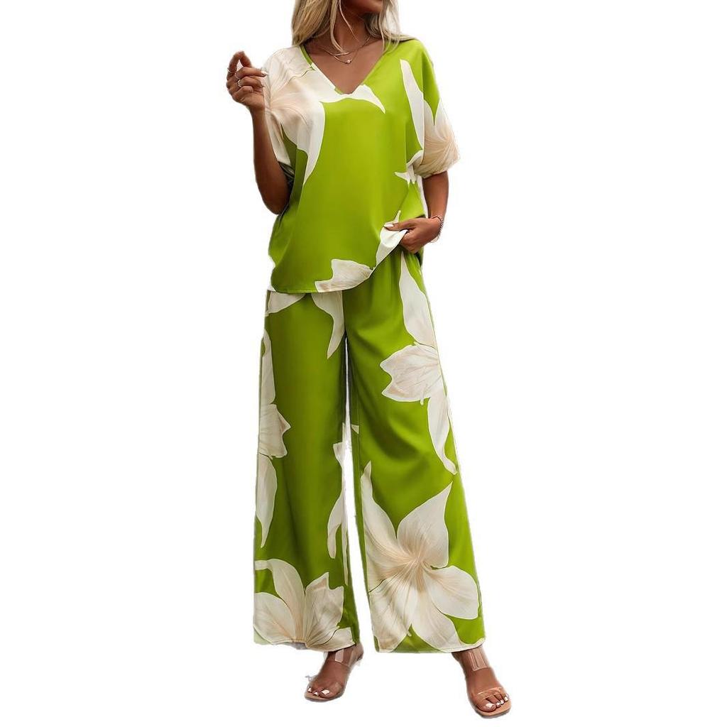 2026 Summer V-Neck Batwing Sleeve Printed Long Pants Fashion Two-Piece Set
