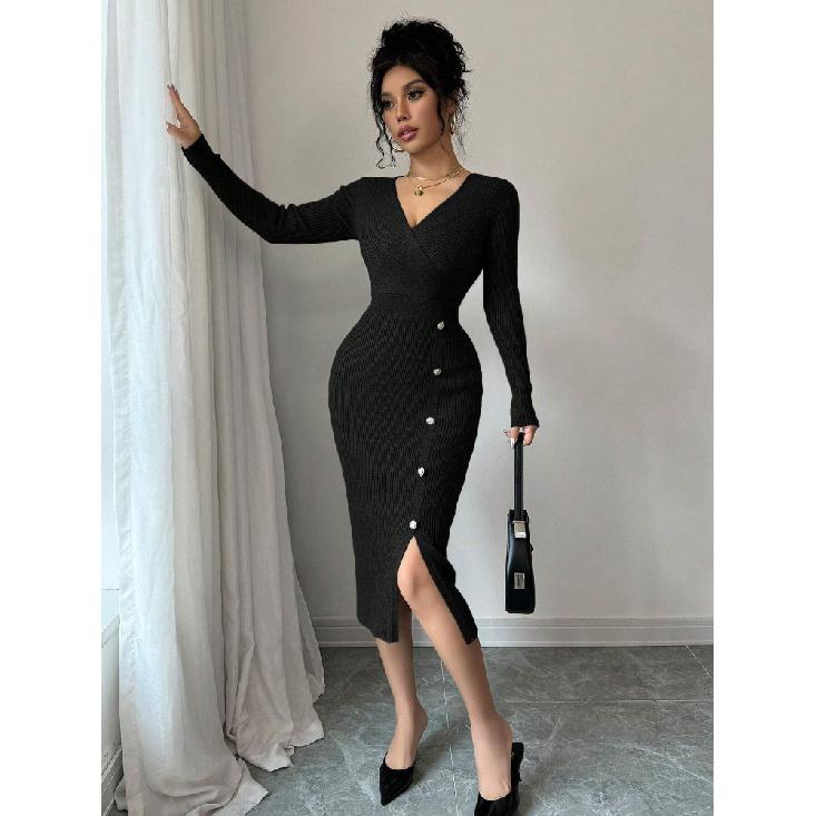 Dámský pletený zavinovací svetr s vysokým pasem, bodycon základní vrstva, spodní prádlo, středně dlouhý, s výstřihem do V, dlouhý rukáv, polyester, podzim zima
