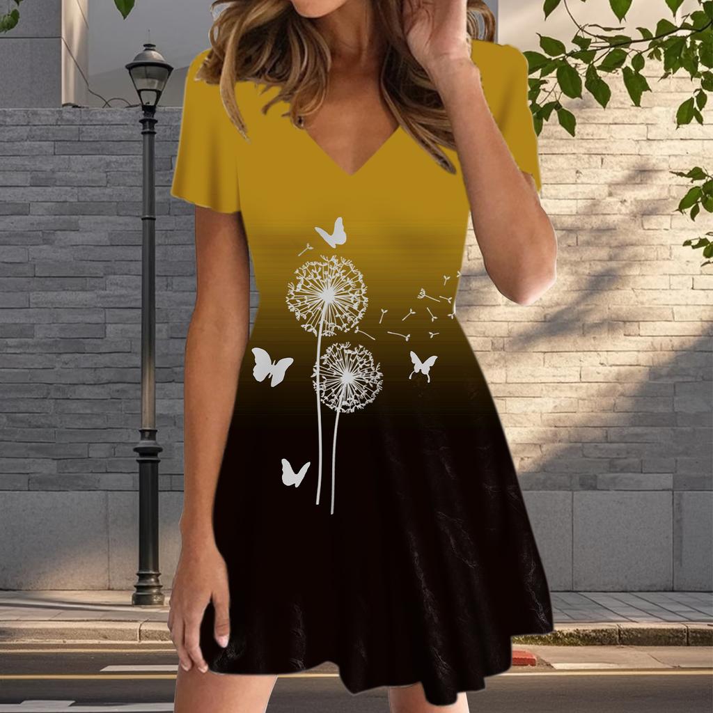 Summer Fashion Women's V Neck Short Sleeve Dandelion Printed Dress Sex Short Skirt Dresses