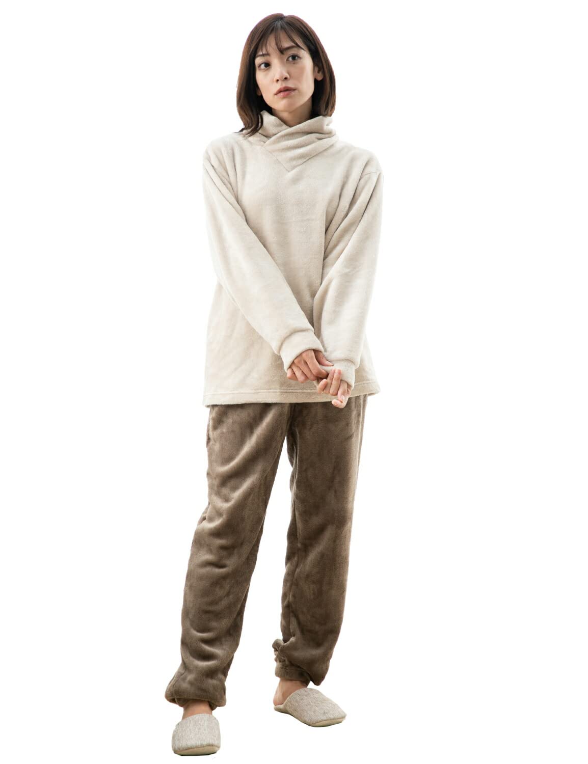 

Duerfusa Зимняя фланелевая бежевая и подходящая пушистая высокая длинная подарочная и пижамная, унисекс, коричневая, брюки, домашняя одежда, шея, рукава, (Бежево-коричневый/LL)