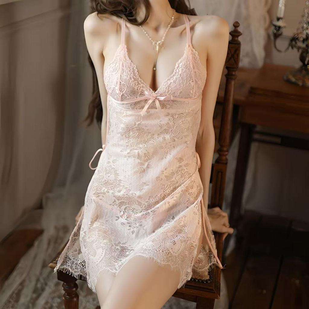 Erotic lingerie plus size feminine cutout lace sundress lace-up slit nightdress uniform seduction