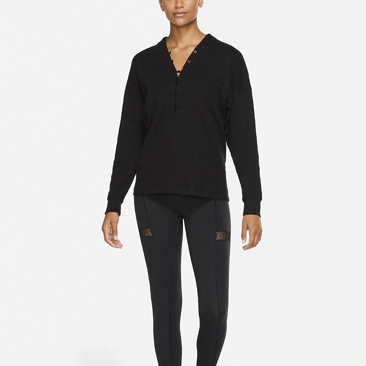 Nike Waffle-Knit V-Neck Comfortable Casual Pullover Sweater Women Tops Black CV9906-010