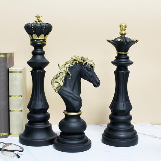 Chess Piece Statue Collectible Black White Horse Sculpture King Queen Knight Chess Piece Figurine for Home Office Desk Shelf Decoration