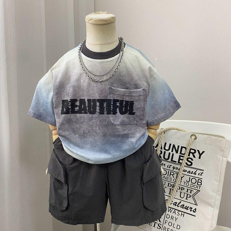 Boys  2026 Korean Style Tie-Dye T-Shirt & Shorts Set - Trendy Summer Two-Piece Outfit 90 cm