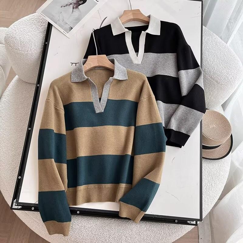 

Women s Japanese Style Striped V-Neck Knit Polo Sweater Large