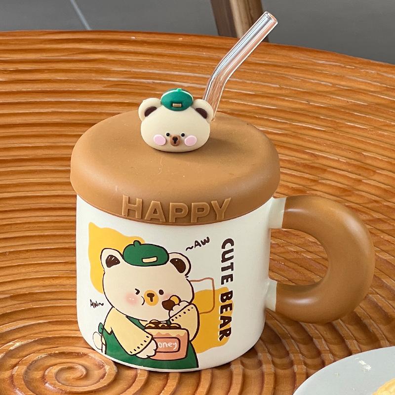 Cute Ceramic Cup With Lid Household Cartoon Couple Water Cup Gift Box High Value Souvenir Creative
