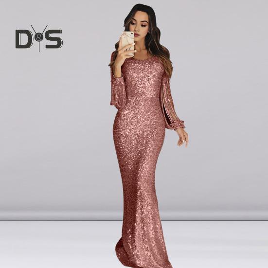 Women Prom Dress Tassel Sleeves Sheath Slim Fit V Neck Solid Color Sequin Fishtail Hem Evening Dress Cocktail Party Maxi Dress