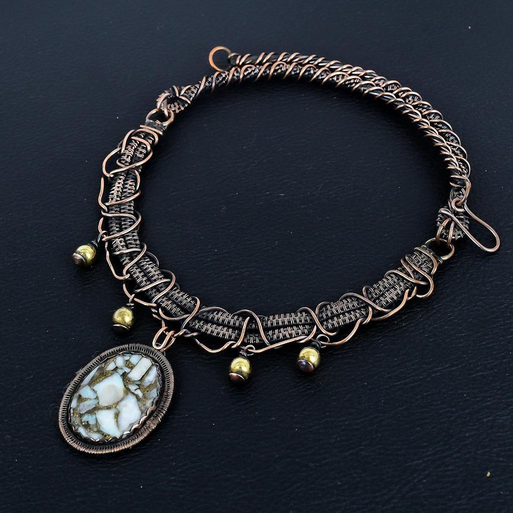 Copper Larimar 999 Copper Wire Wrapped Necklace, Handmade Gemstone Jewelry Necklace For Thanksgiving