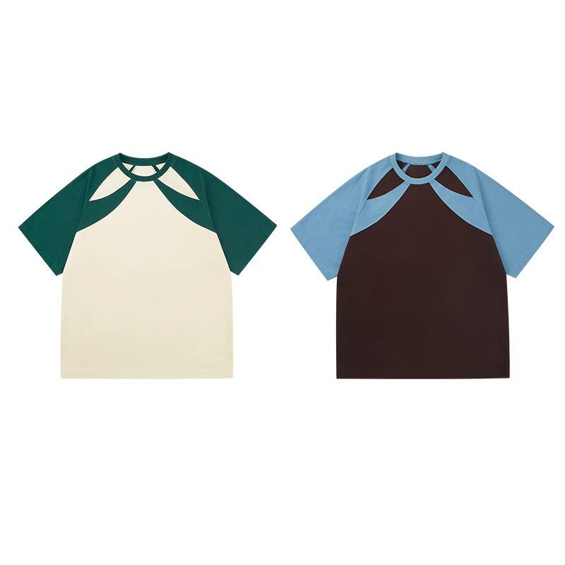 Pure Cotton Off-the-shoulder Color-blocking Light-colored Short-sleeved T-shirt