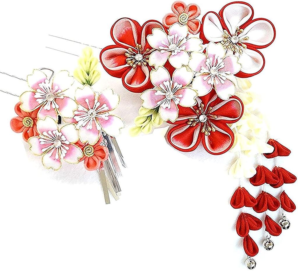 Hårpyntsett Furisode-seremoni Rød Rosa Kirsebærblomst Tsumami-arbeid Sølvfiligran [Kyoto Usagido] 2 deler myndighetsdag wk-292