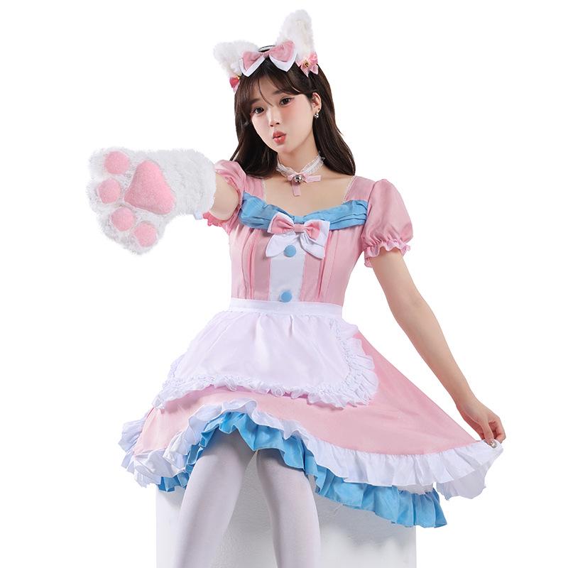 Café Style Cute Lolita Maid Outfit - Pink & Blue Bow Dress for Women