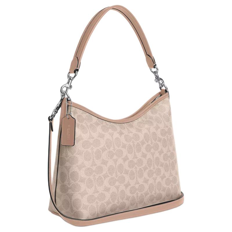 Coach Laurel 31 Detachable Shoulder Strap with Zipper Closure Coated Canvas Crossbody Shoulder Tote Large Women's Sand and Taupe